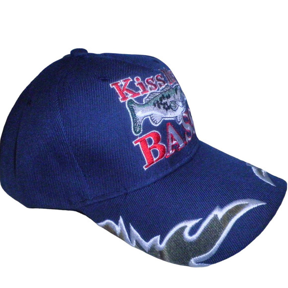 Embroidered Kiss My BASS Fishing Baseball Cap, Navy Blue, Strapback, Trucker Hat - Picture 2 of 4